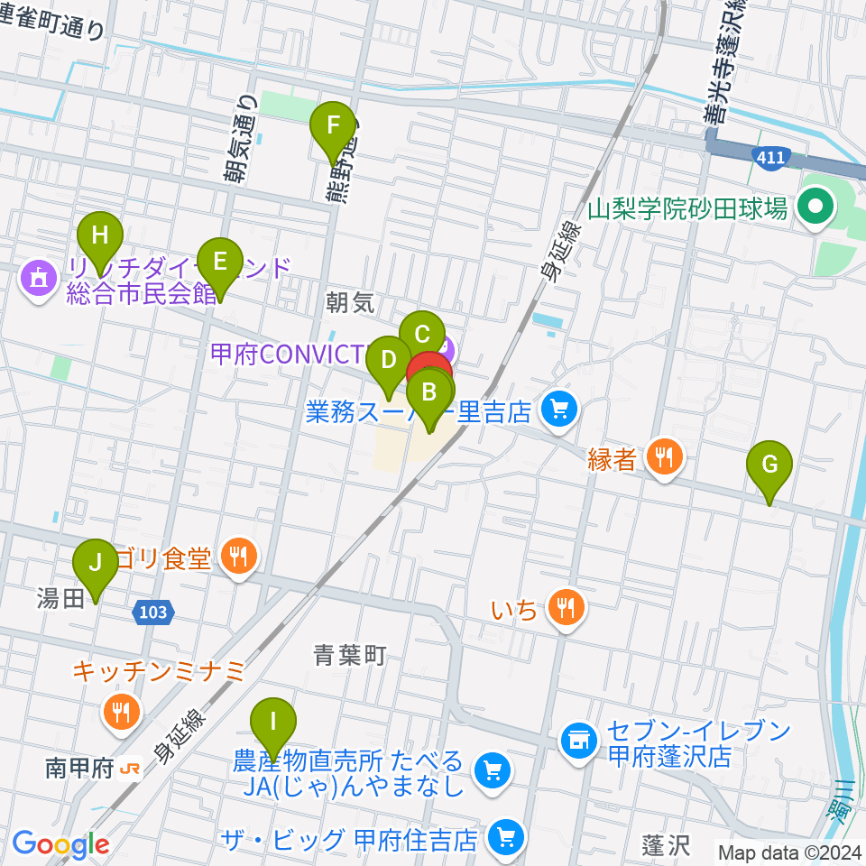 内藤楽器 甲府東センター周辺のカフェ一覧地図