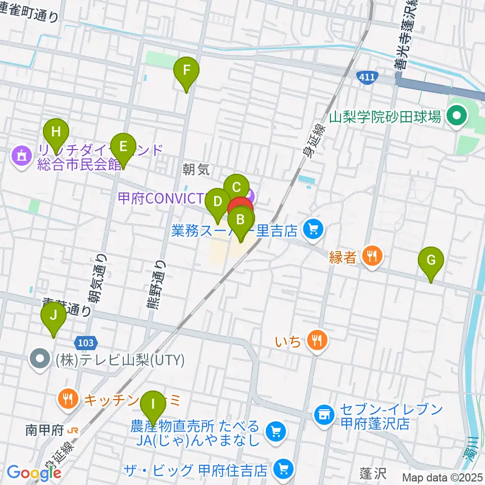 内藤楽器 甲府東センター周辺のカフェ一覧地図