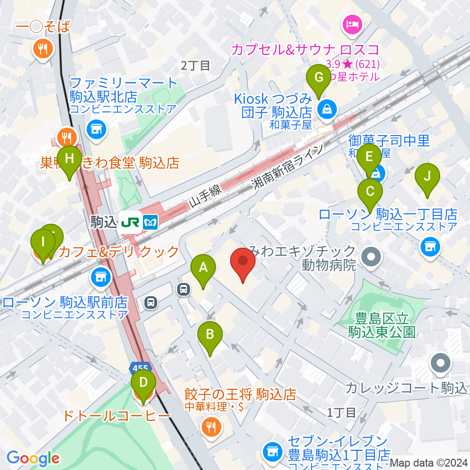 エークラスミュージック 駒込センター周辺のカフェ一覧地図