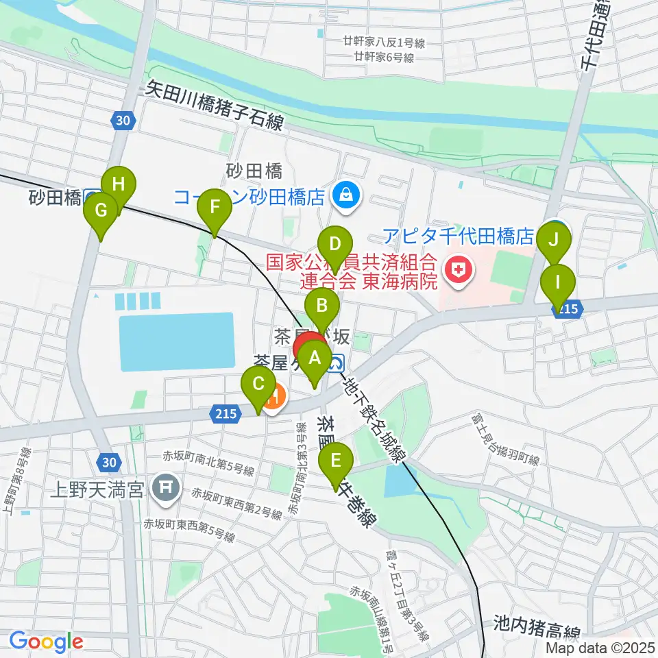 親和楽器 グランドピアノ練習室周辺のカフェ一覧地図