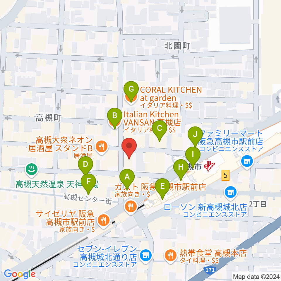 アズイズミュージック高槻店周辺のカフェ一覧地図