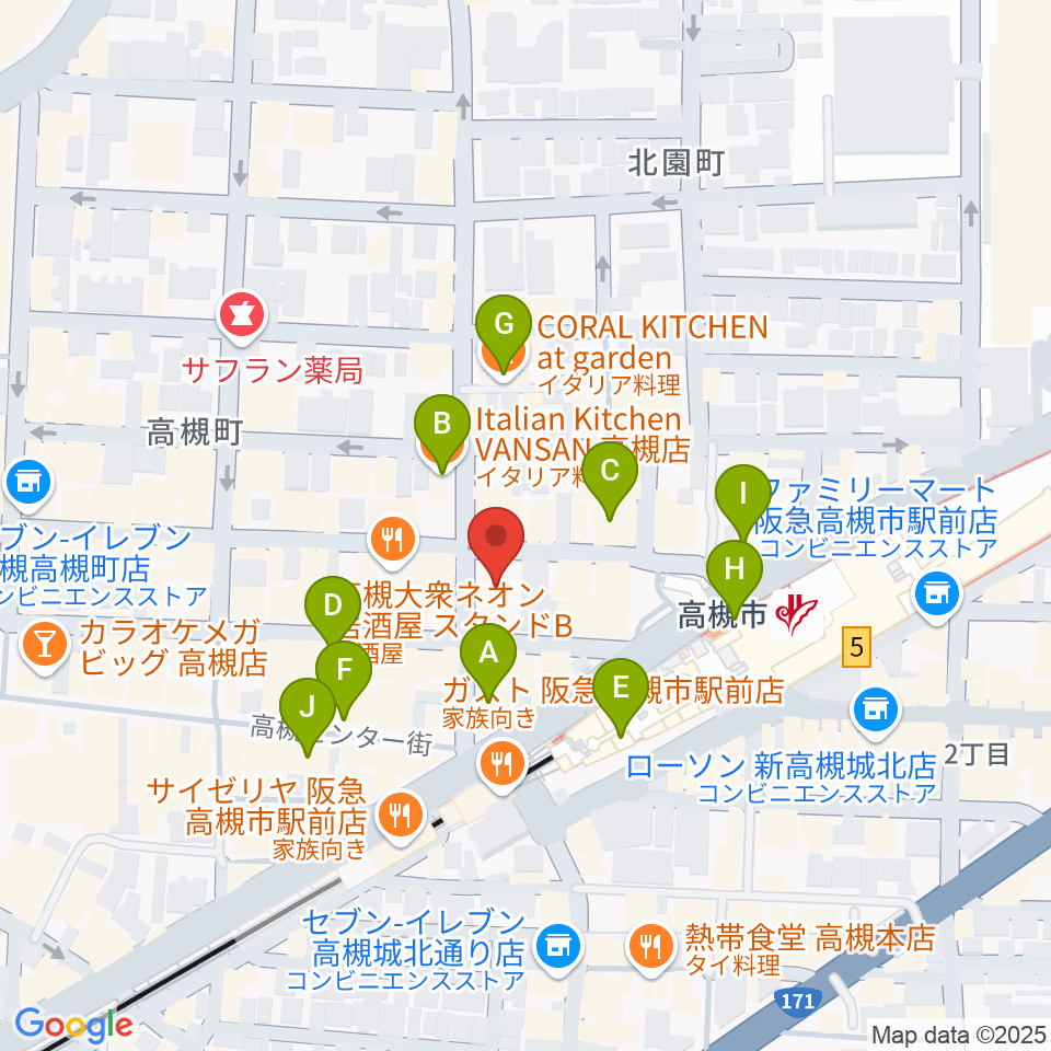 アズイズミュージック高槻店周辺のカフェ一覧地図