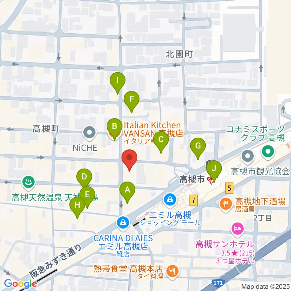 アズイズミュージック高槻店周辺のカフェ一覧地図
