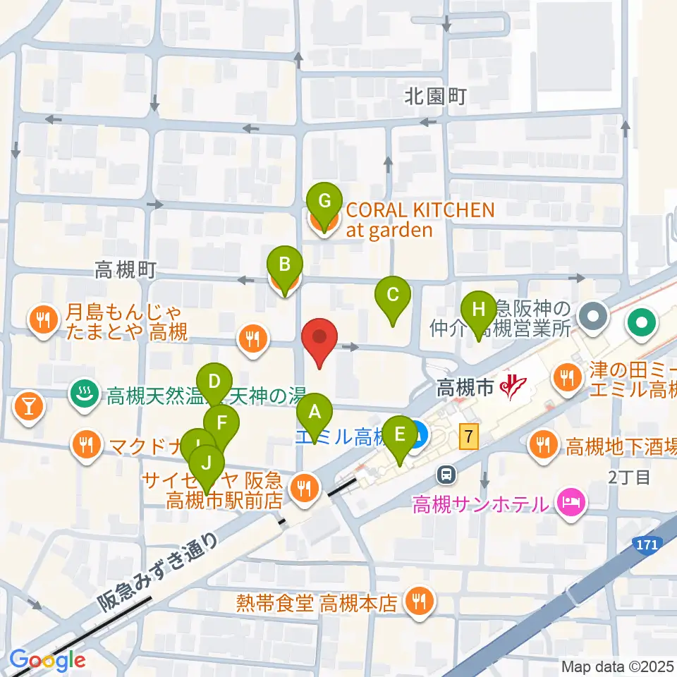 アズイズミュージック高槻店周辺のカフェ一覧地図