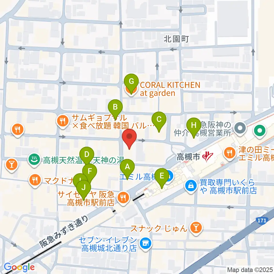 アズイズミュージック高槻店周辺のカフェ一覧地図