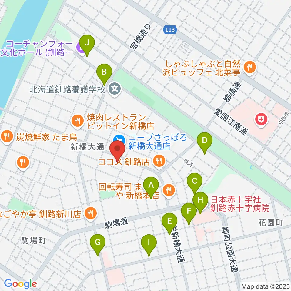 エルム楽器 釧路支店周辺のカフェ一覧地図