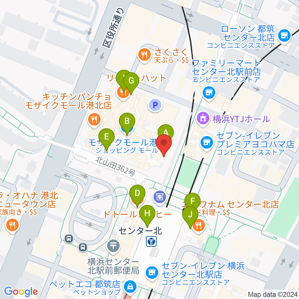 東京音楽学院 モザイクモール港北センター北駅前校周辺のカフェ一覧地図