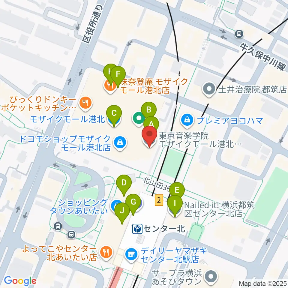東京音楽学院 モザイクモール港北センター北駅前校周辺のカフェ一覧地図