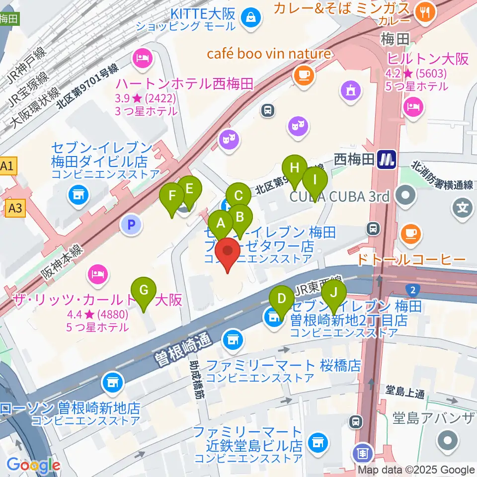 MIKIミュージックサロン西梅田ブリーゼブリーゼ周辺のカフェ一覧地図
