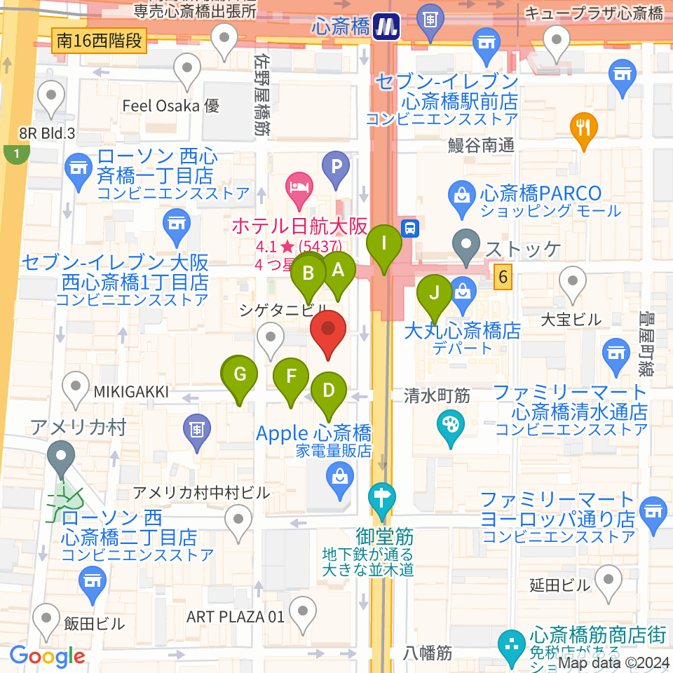 MIKIミュージックサロン心斎橋周辺のカフェ一覧地図