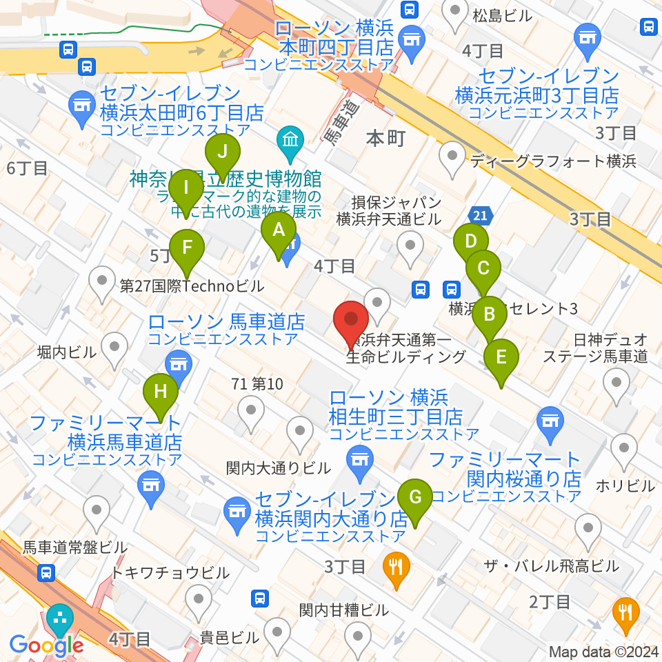 馬車道ピアノサロン周辺のカフェ一覧地図