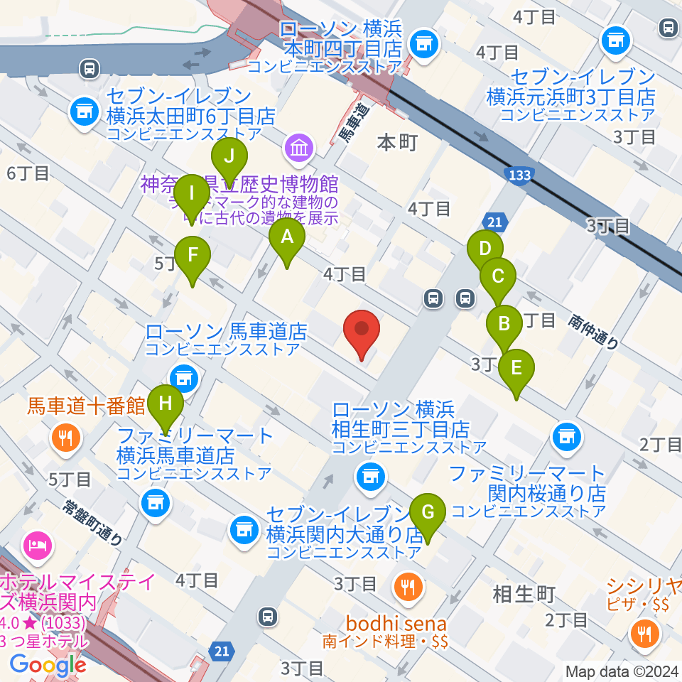 馬車道ピアノサロン周辺のカフェ一覧地図