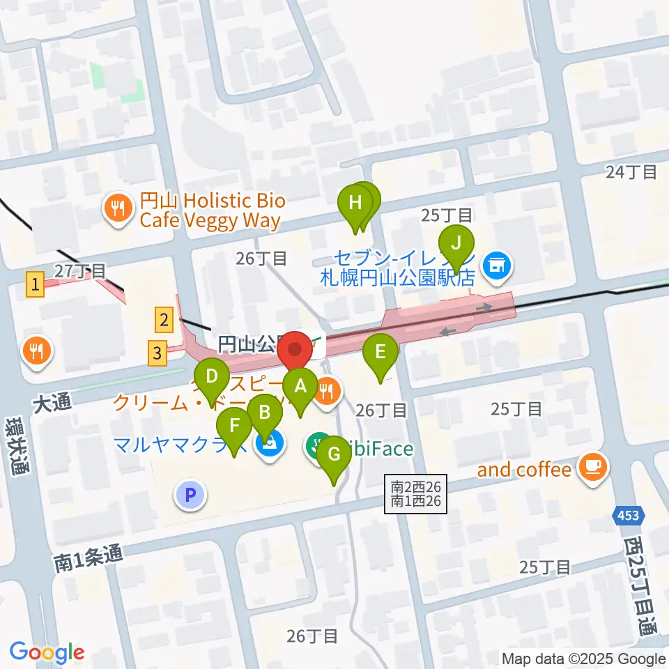 エルム楽器 ELMハーモニレマルヤマクラス周辺のカフェ一覧地図