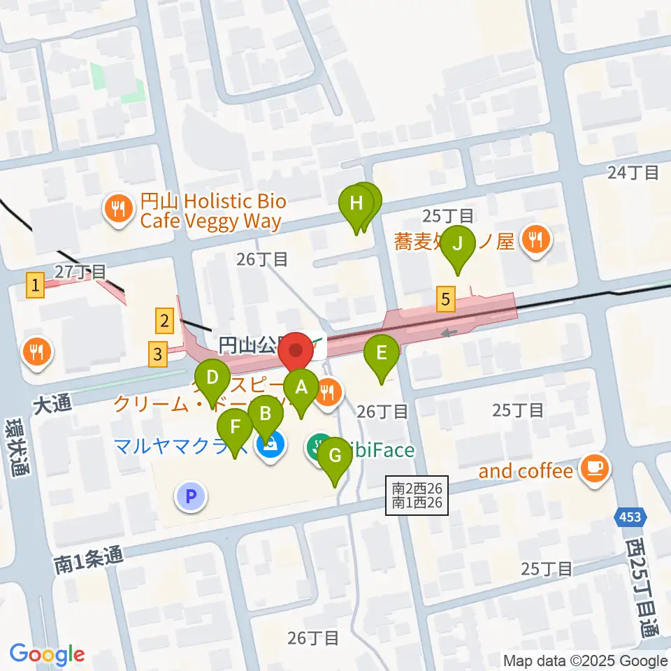 エルム楽器 ELMハーモニレマルヤマクラス周辺のカフェ一覧地図
