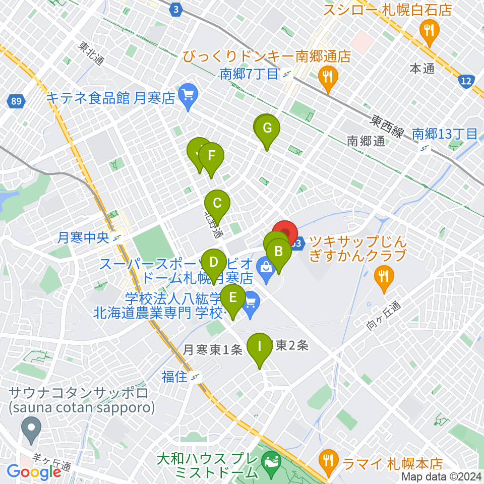 エルム楽器 ブランチ札幌月寒センター周辺のカフェ一覧地図