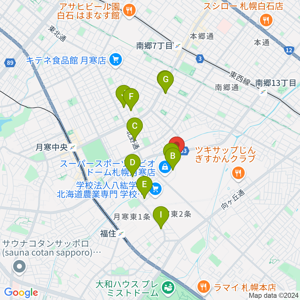 エルム楽器 ブランチ札幌月寒センター周辺のカフェ一覧地図