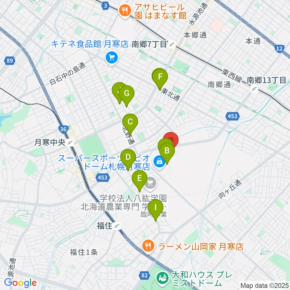 エルム楽器 ブランチ札幌月寒センター周辺のカフェ一覧地図