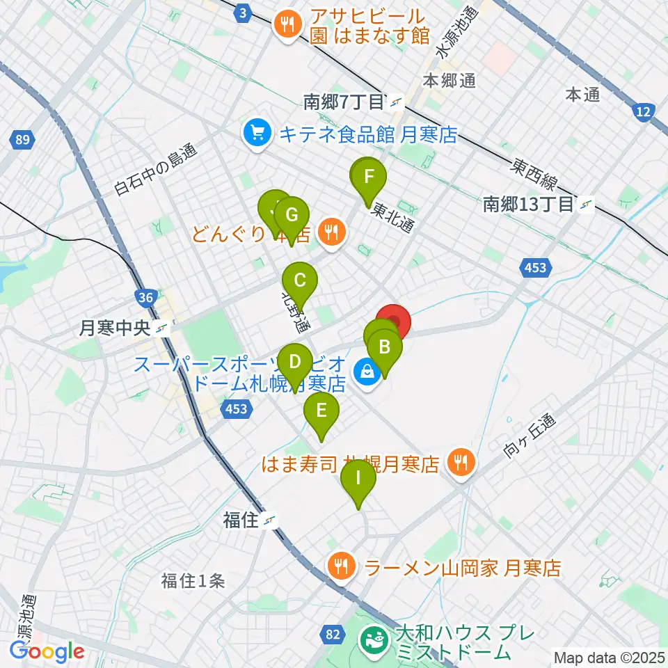 エルム楽器 ブランチ札幌月寒センター周辺のカフェ一覧地図