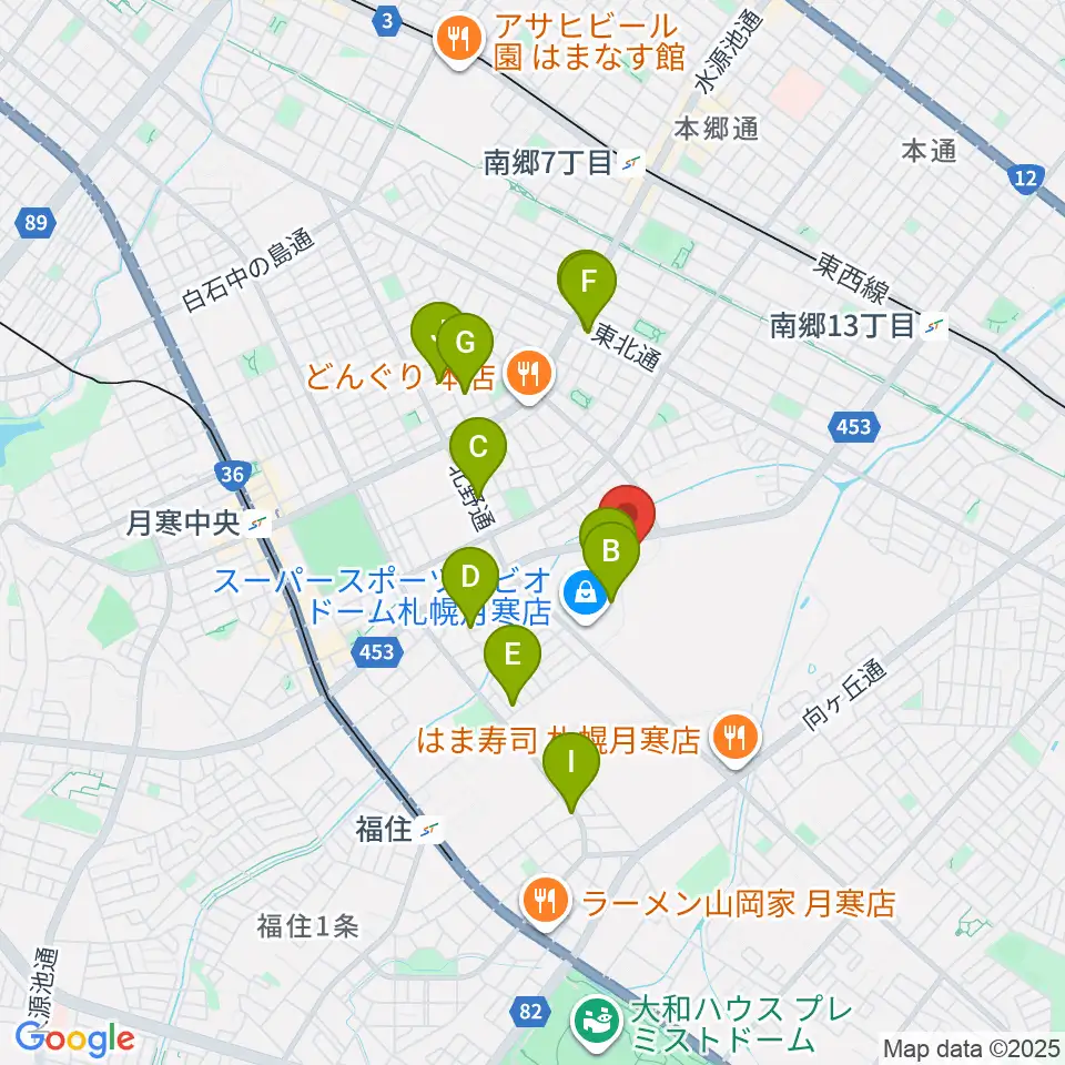 エルム楽器 ブランチ札幌月寒センター周辺のカフェ一覧地図