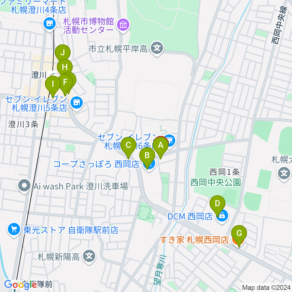 エルム楽器 澄川センター周辺のカフェ一覧地図