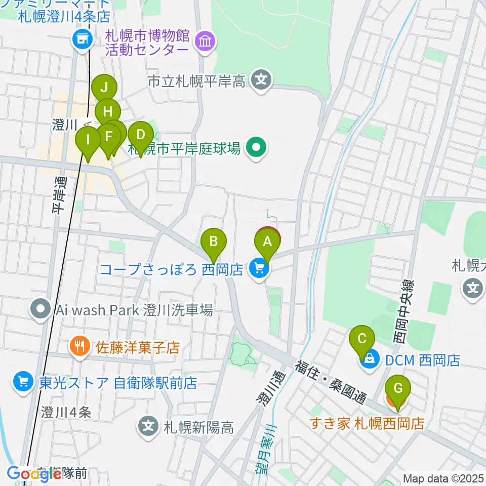 エルム楽器 澄川センター周辺のカフェ一覧地図