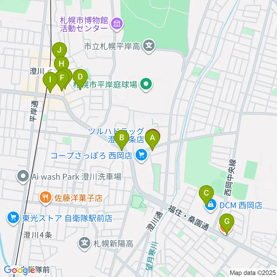 エルム楽器 澄川センター周辺のカフェ一覧地図