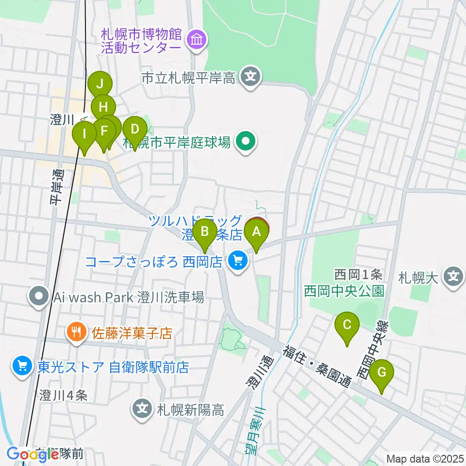 エルム楽器 澄川センター周辺のカフェ一覧地図