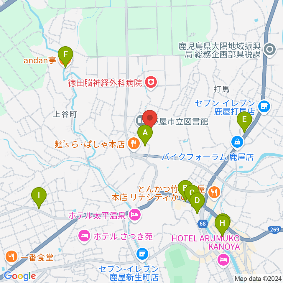 鹿屋市文化会館周辺のカフェ一覧地図