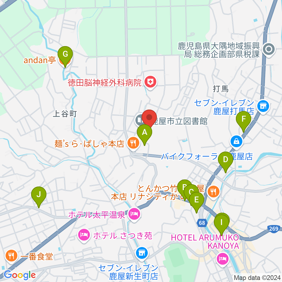 鹿屋市文化会館周辺のカフェ一覧地図