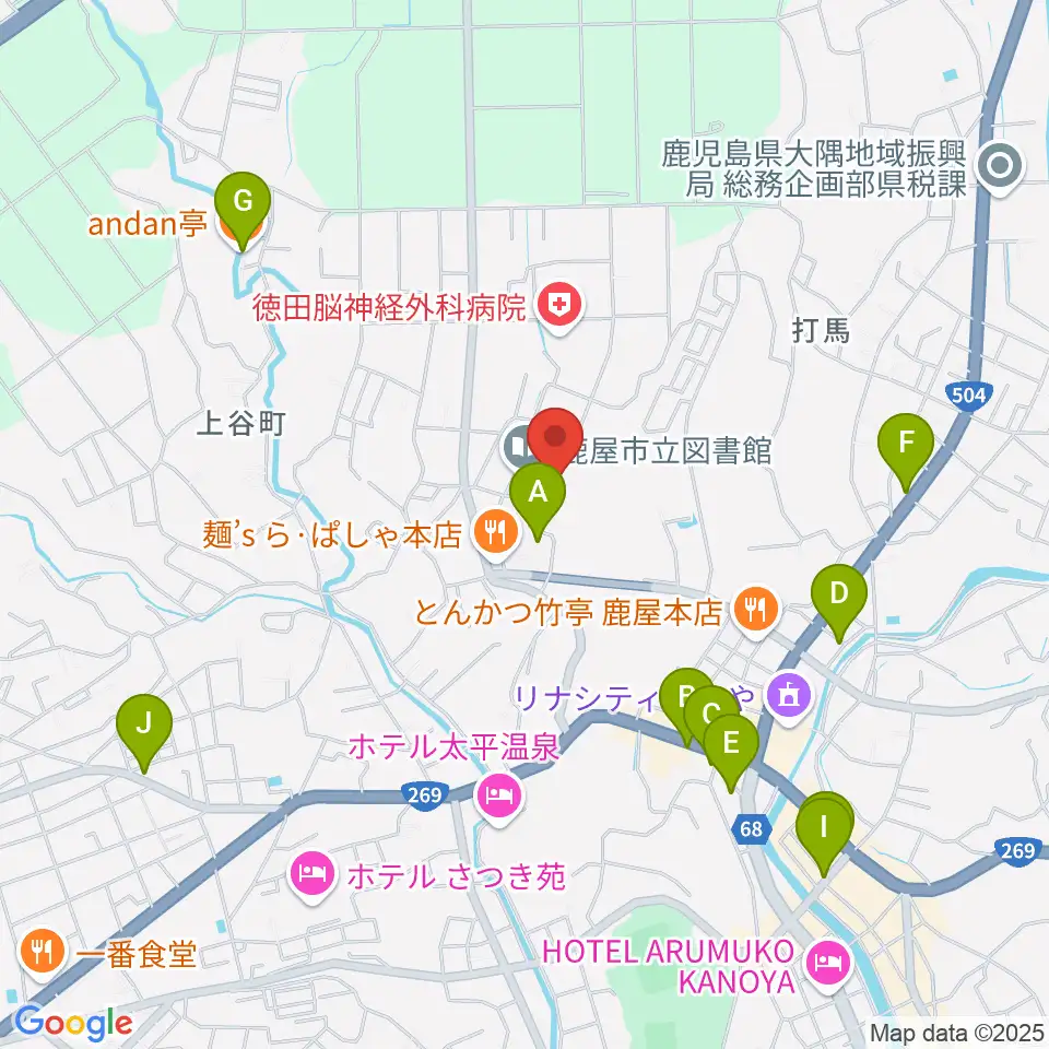 鹿屋市文化会館周辺のカフェ一覧地図