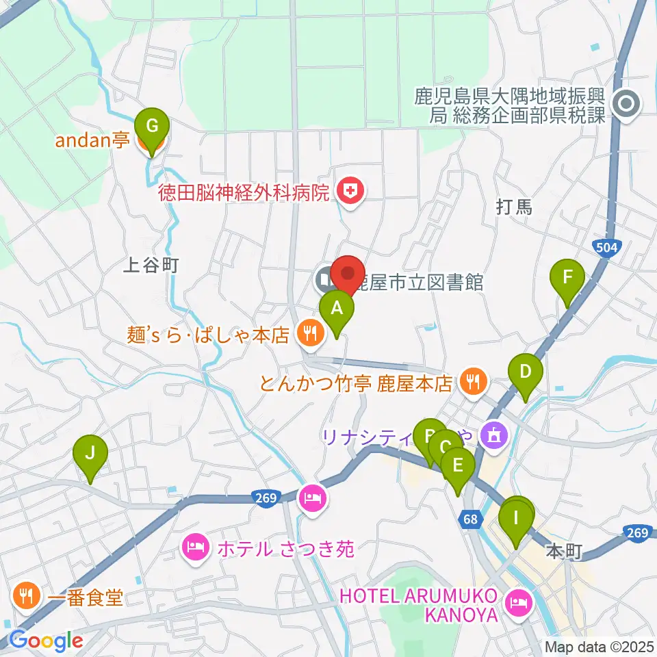 鹿屋市文化会館周辺のカフェ一覧地図