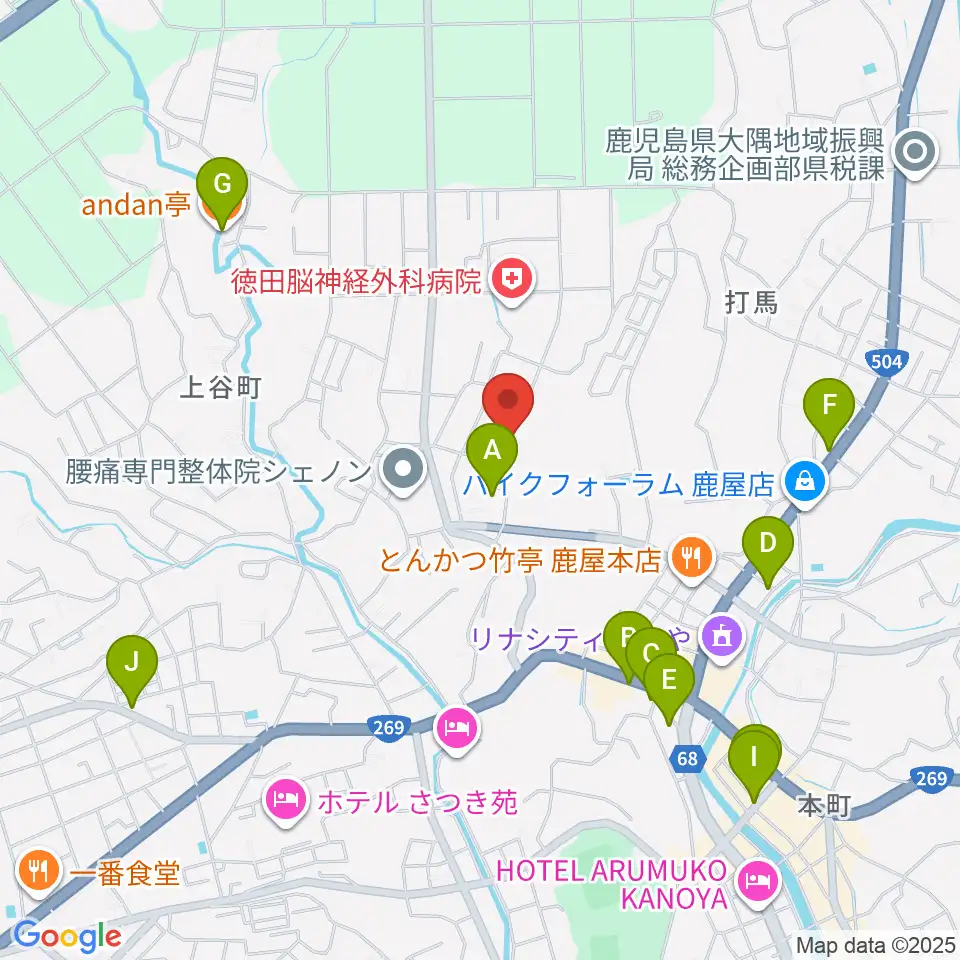 鹿屋市文化会館周辺のカフェ一覧地図