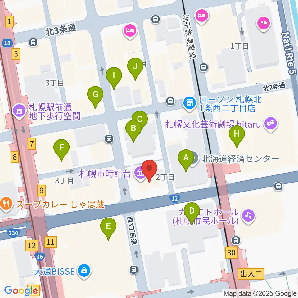 時計台ホール周辺のカフェ一覧地図