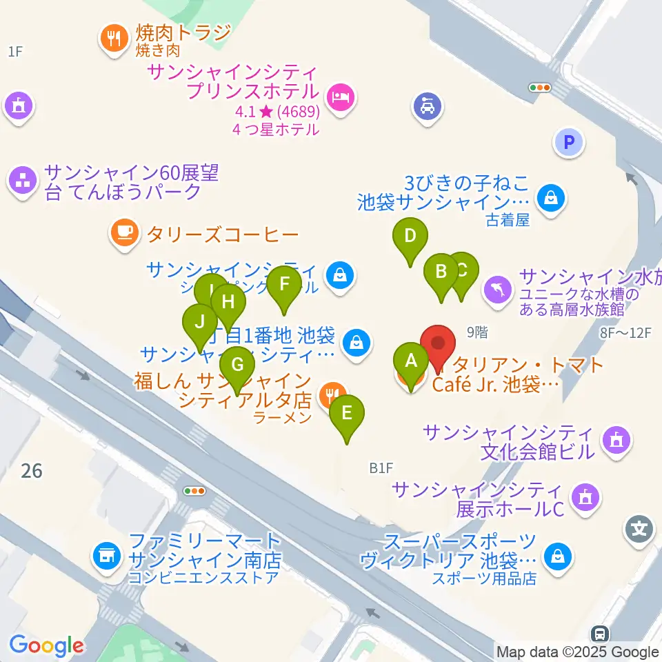 サンシャインシティ 展示ホール周辺のカフェ一覧地図
