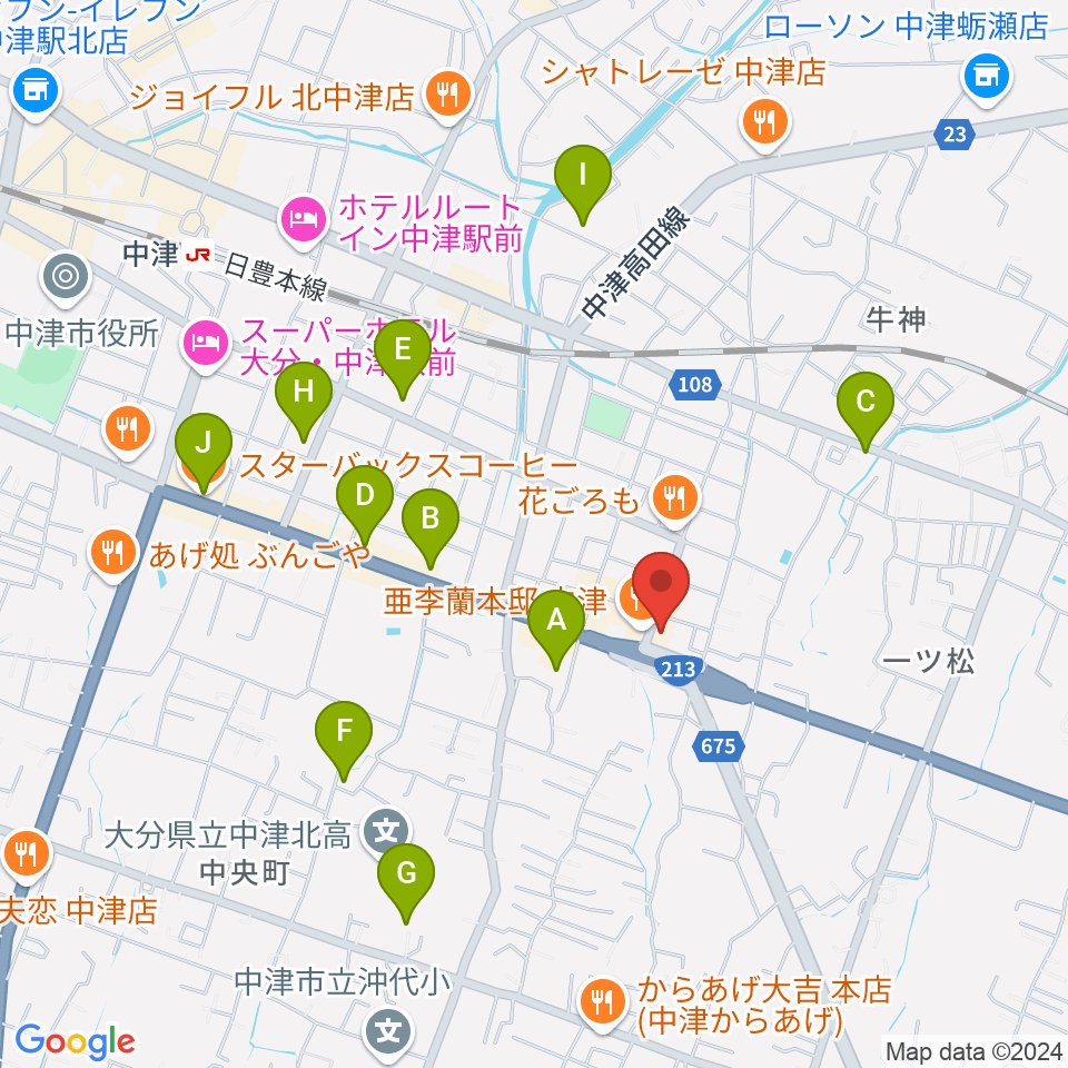 ミュージックストアナガト中津店周辺のカフェ一覧地図