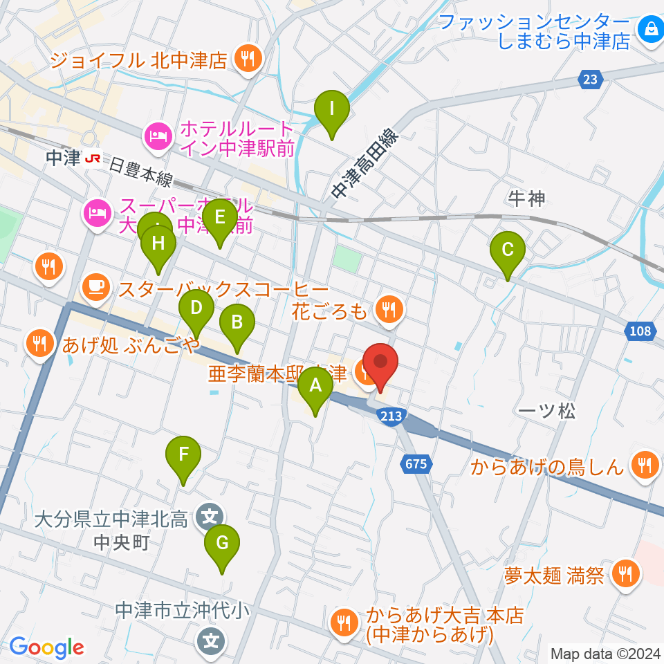 ミュージックストアナガト中津店周辺のカフェ一覧地図