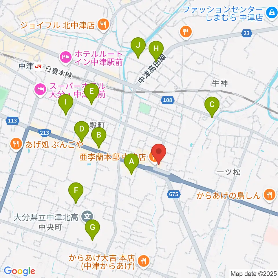ミュージックストアナガト中津店周辺のカフェ一覧地図