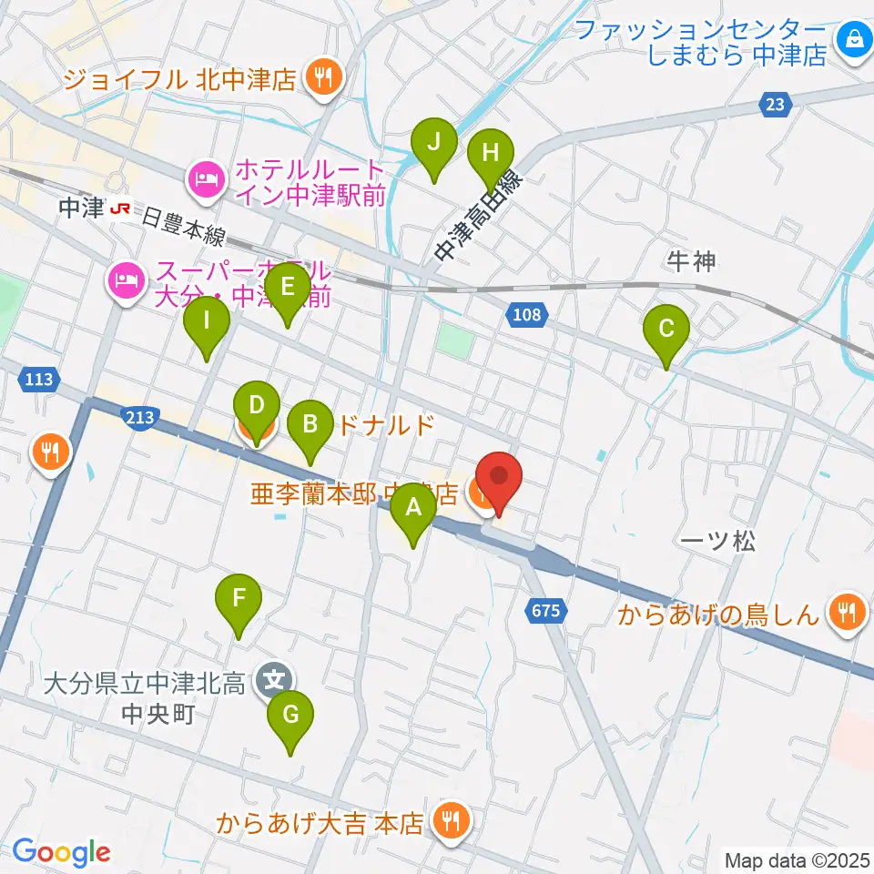 ミュージックストアナガト中津店周辺のカフェ一覧地図