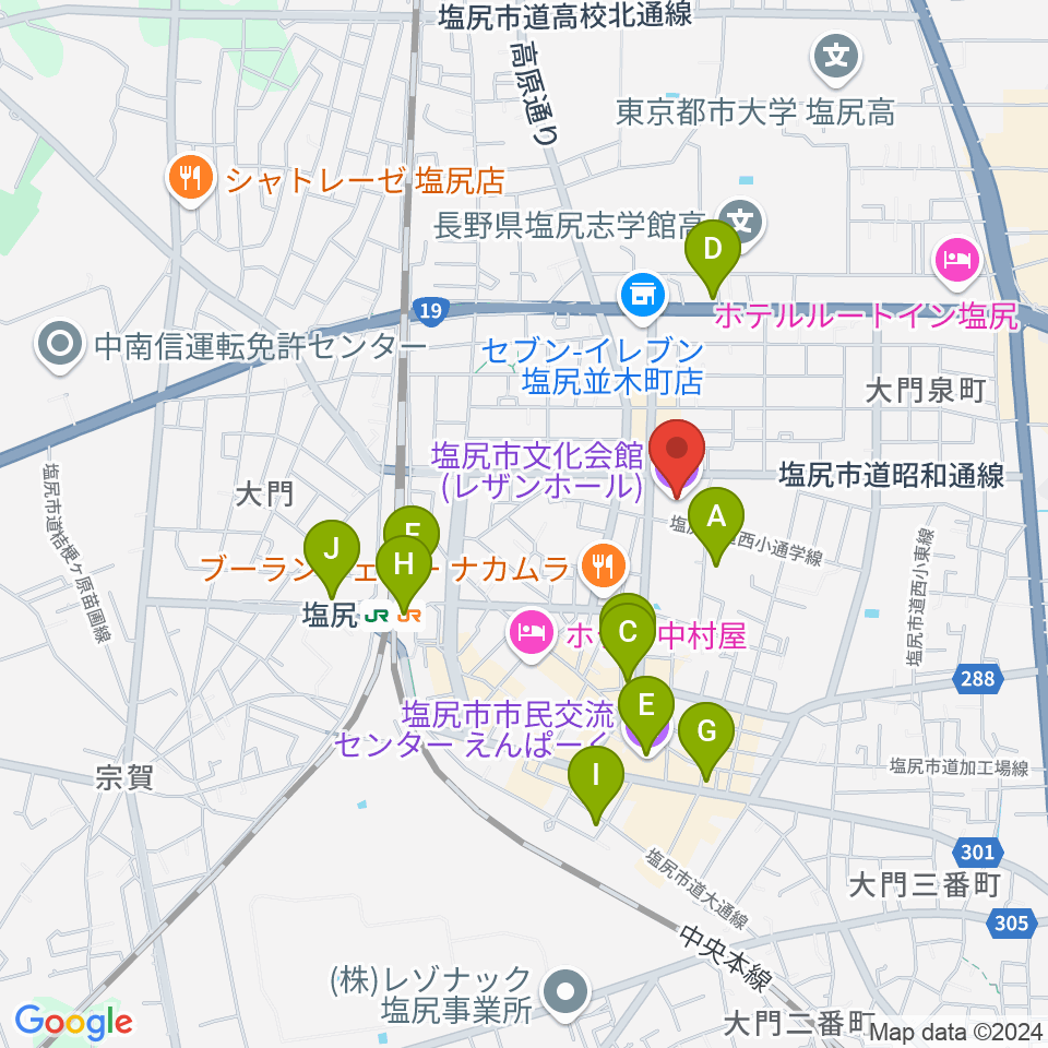 塩尻市文化会館レザンホール周辺のカフェ一覧地図