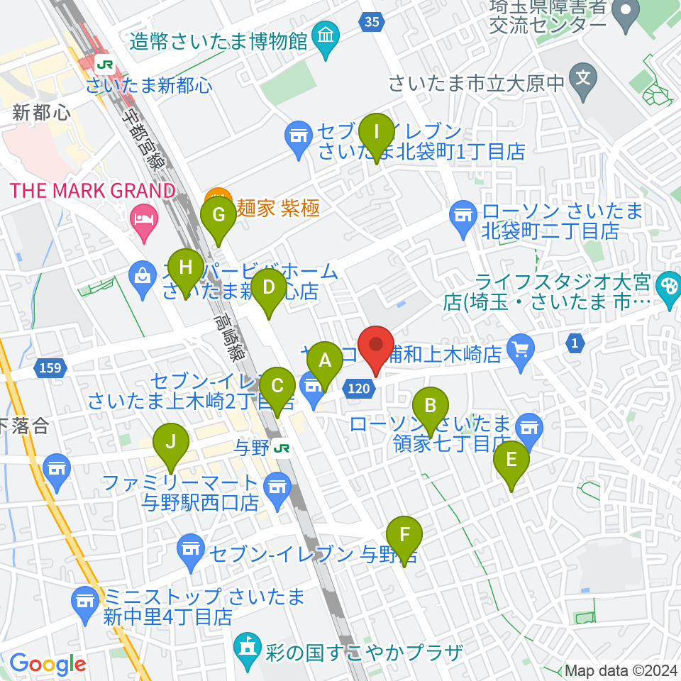 柏屋楽器 木崎ミュージックセンター周辺のカフェ一覧地図