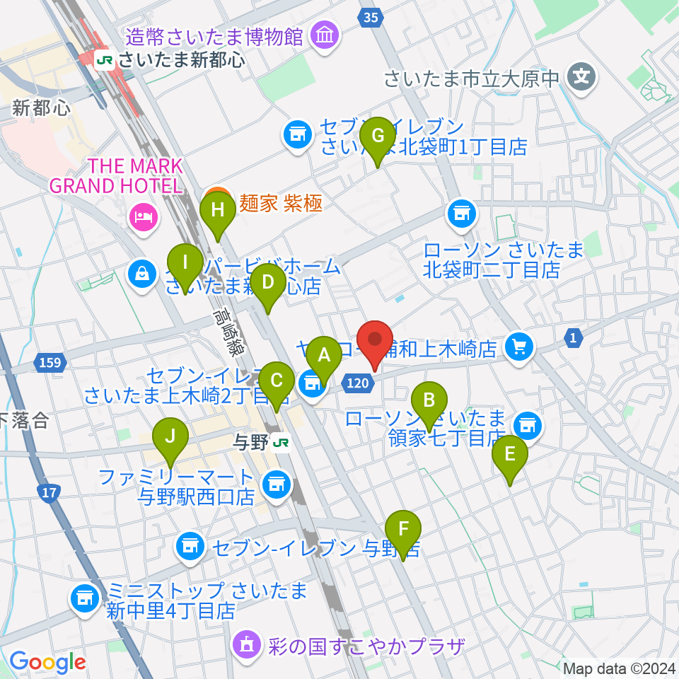 柏屋楽器 木崎ミュージックセンター周辺のカフェ一覧地図