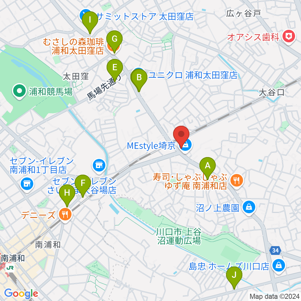 柏屋楽器 ミュージックサロン浦和南周辺のカフェ一覧地図