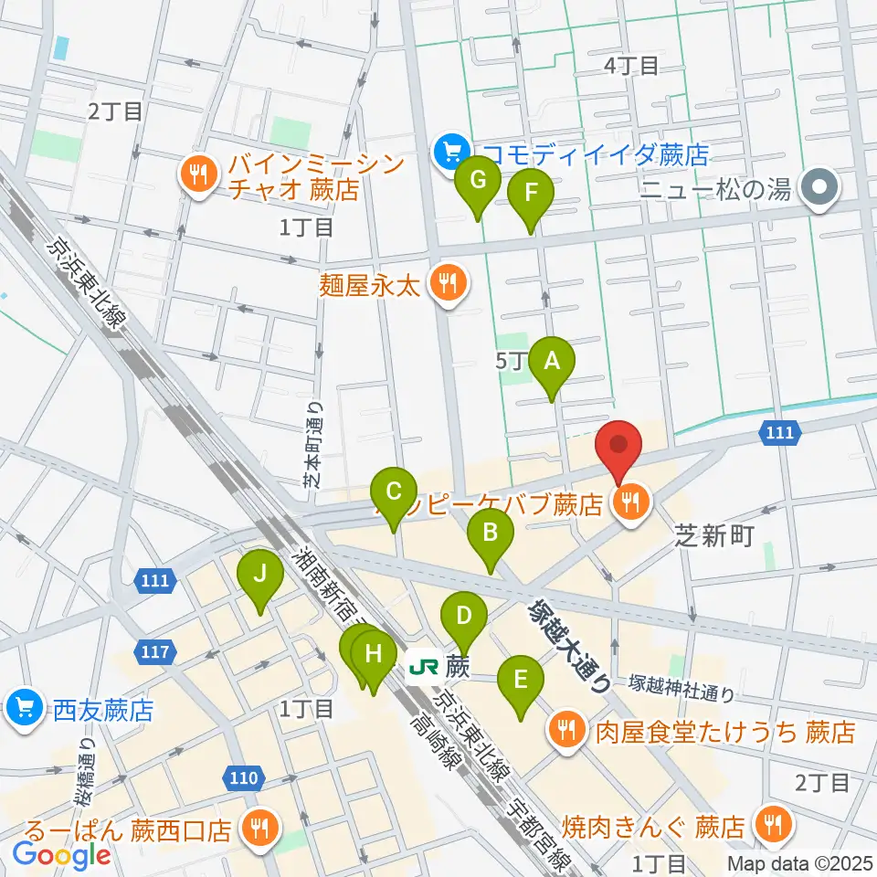 柏屋楽器 蕨ミュージックセンター周辺のカフェ一覧地図