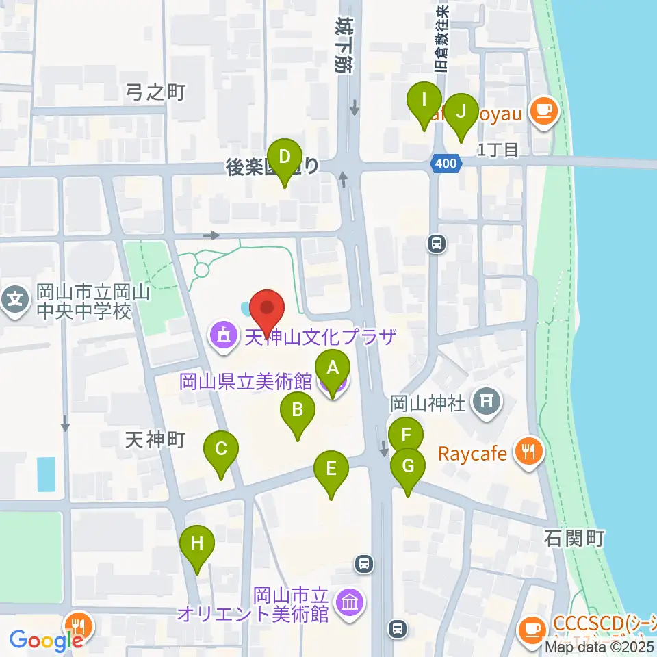 岡山県天神山文化プラザ周辺のカフェ一覧地図