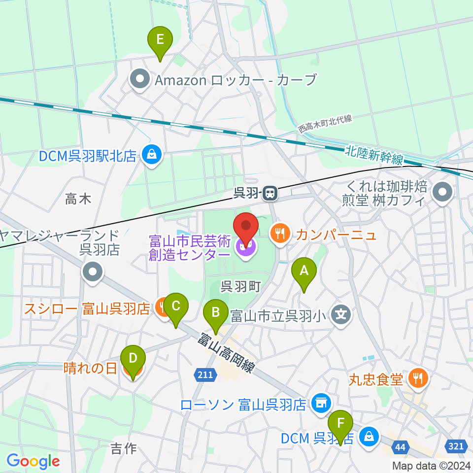 富山市民芸術創造センター周辺のカフェ一覧地図