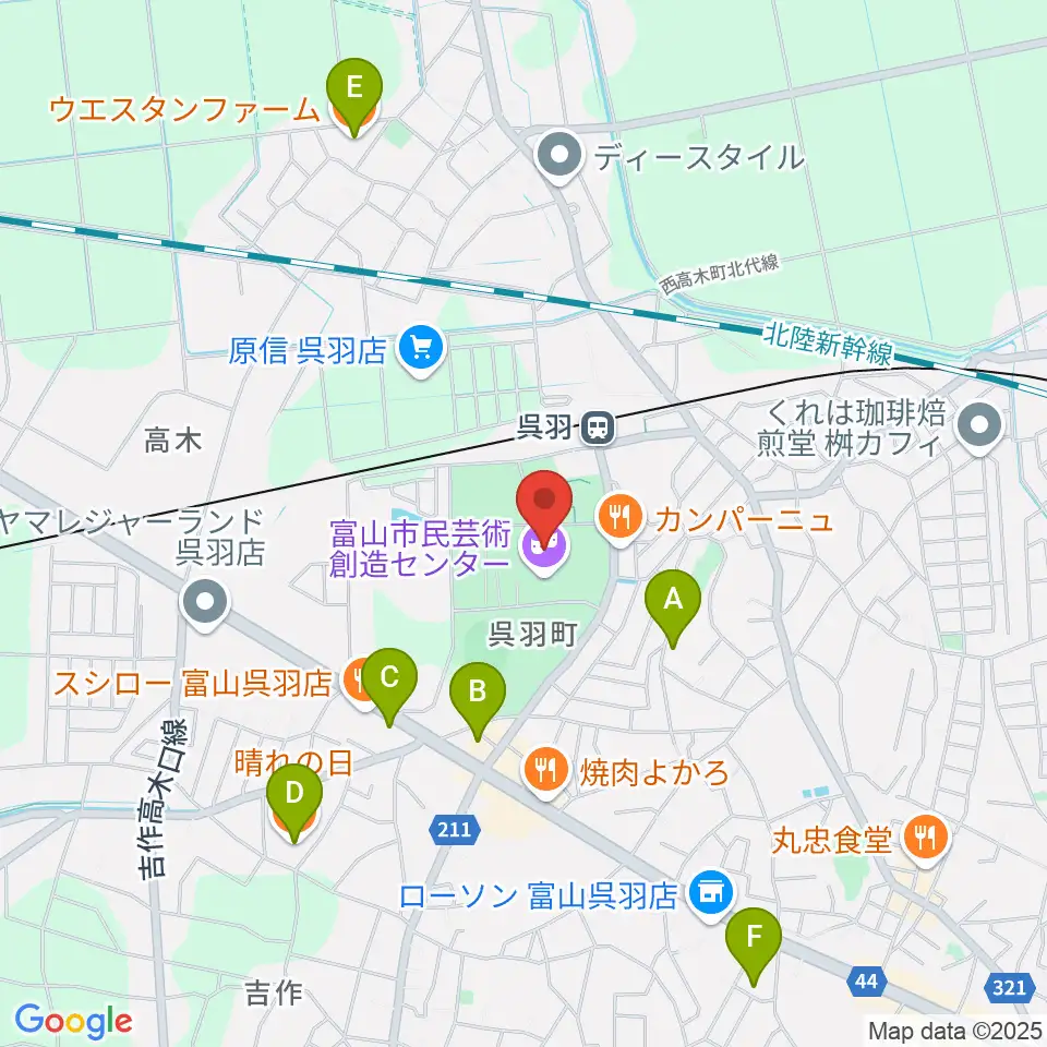 富山市民芸術創造センター周辺のカフェ一覧地図