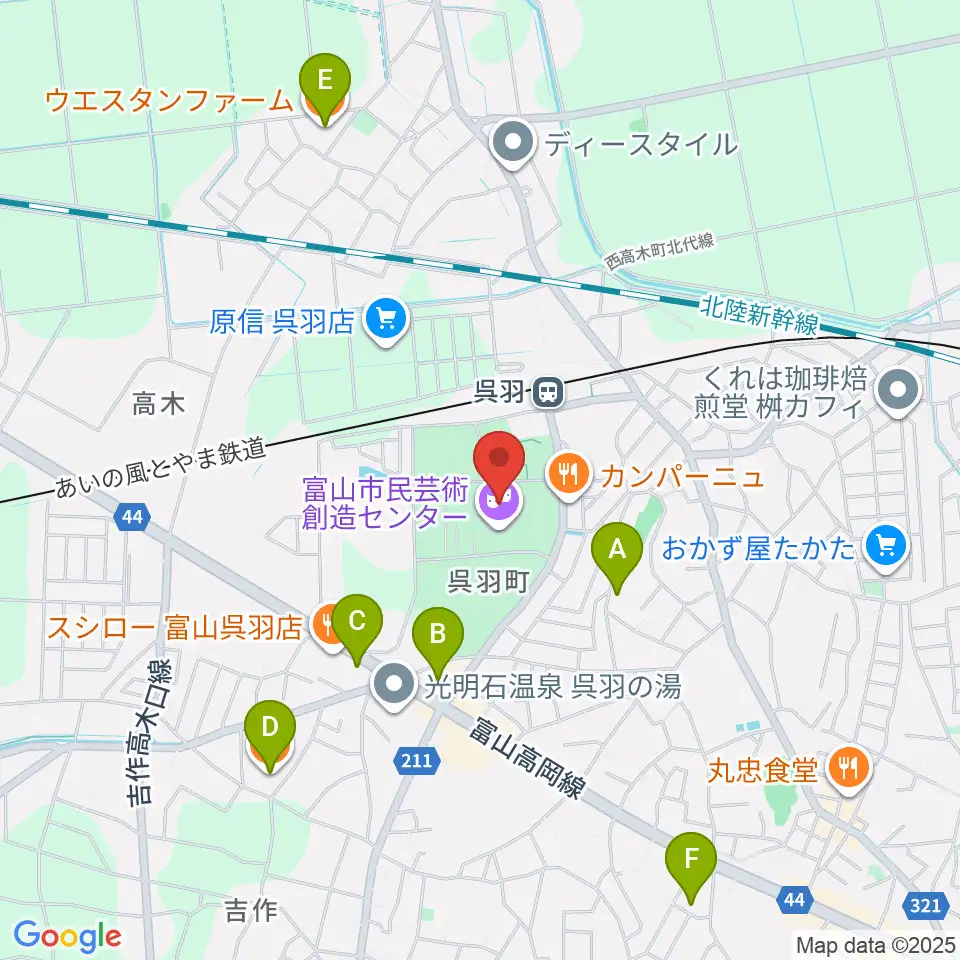 富山市民芸術創造センター周辺のカフェ一覧地図