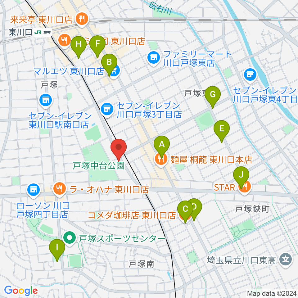 柏屋楽器 ミュージックサロン東川口周辺のカフェ一覧地図