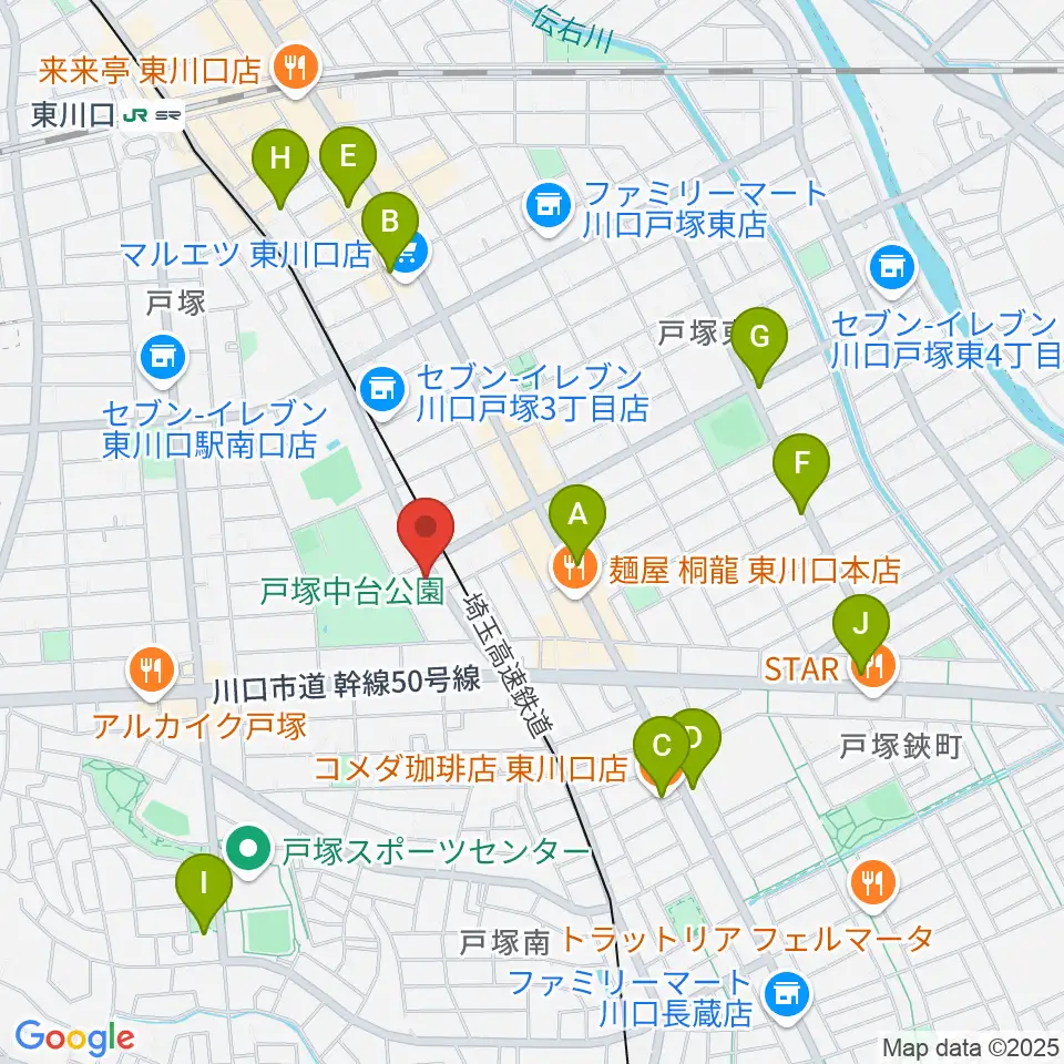 柏屋楽器 ミュージックサロン東川口周辺のカフェ一覧地図