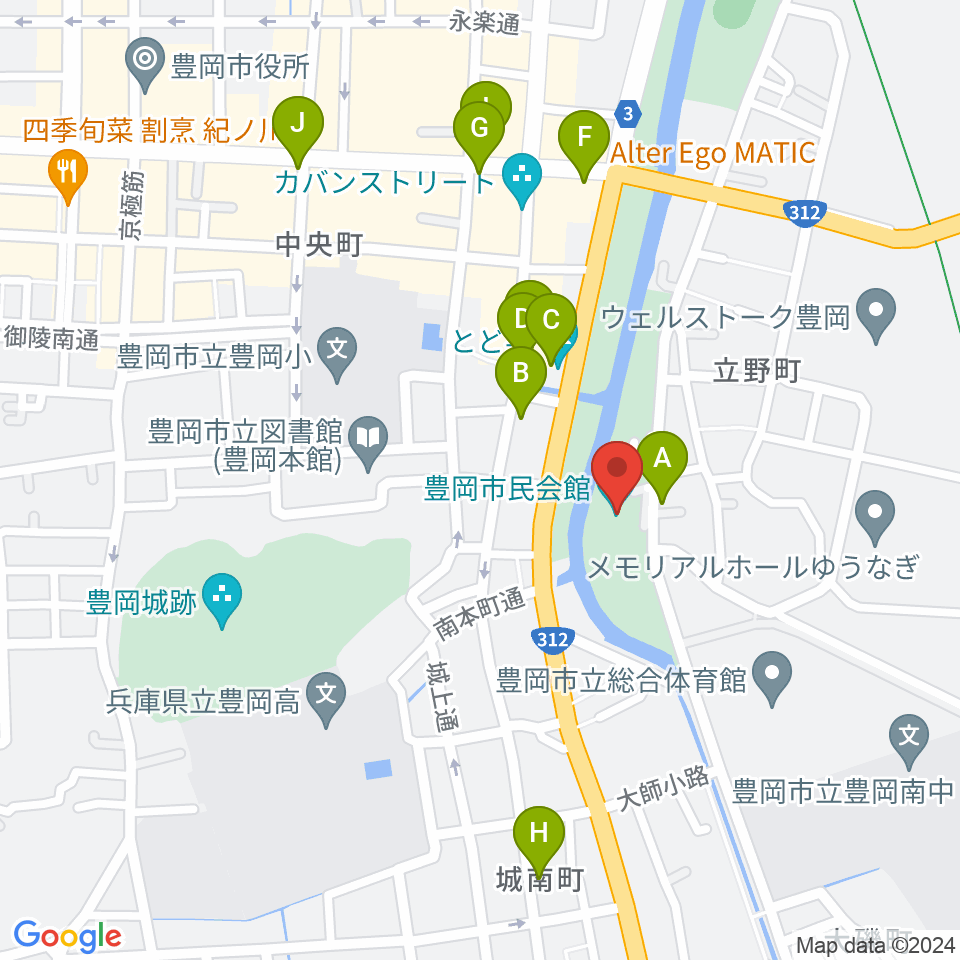 豊岡市民会館周辺のカフェ一覧地図
